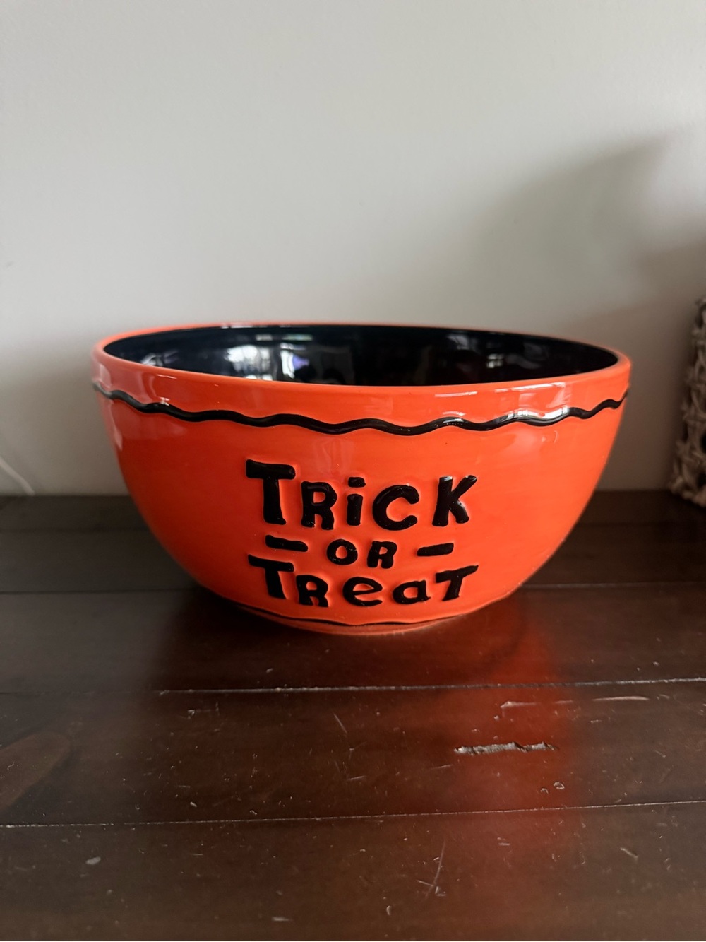 The Midnight Market Halloween Trick or Treat Ceramic Candy Bowl Orange Black 10”